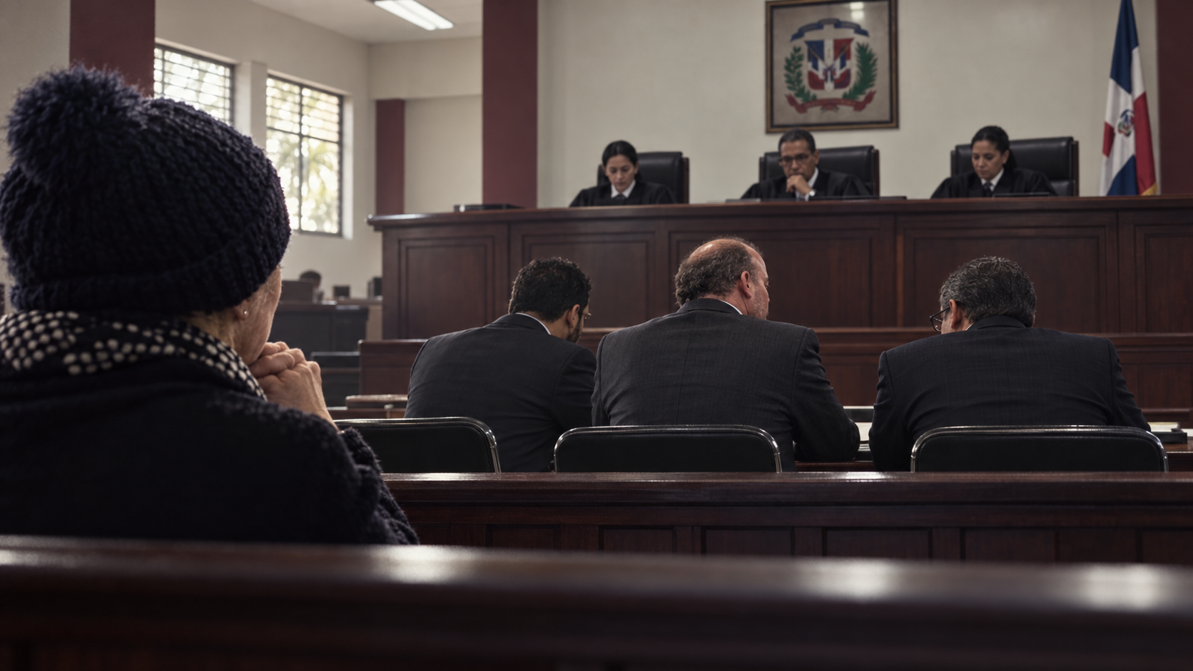 Artistic courtroom reconstruction: Michael with two lawyers before three judges, his mother watching from the gallery