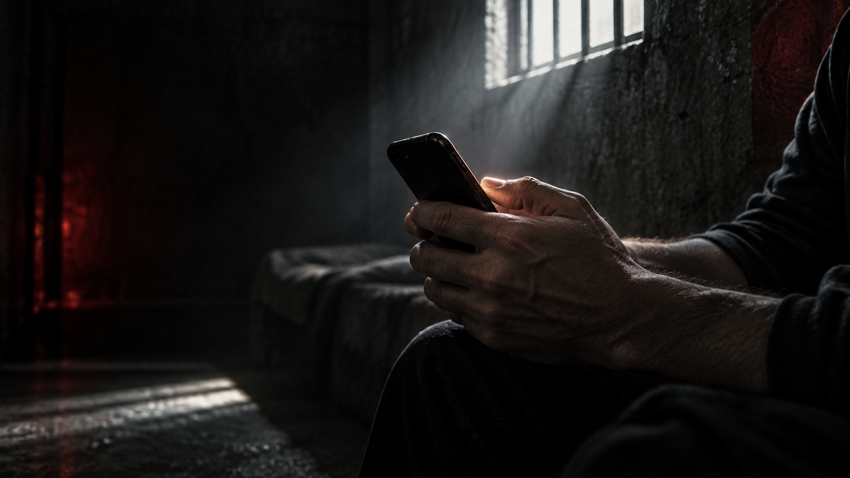 Noir artistic interpretation of hands holding a phone in a dim concrete room