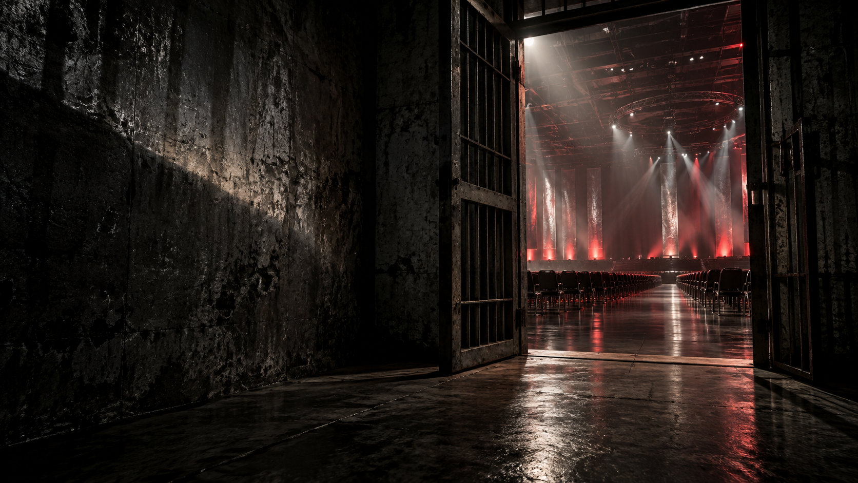 Symbolic noir artwork of an open barred corridor leading to an illuminated convention hall